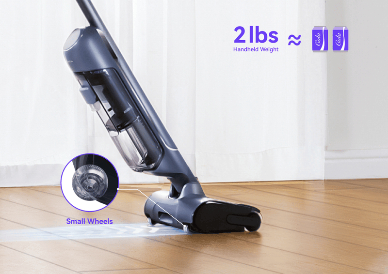 Narwal S20 Pro Vacuum Mop showing its auto traction wheels with a weight comparison of 2 lbs, roughly equivalent to two cans of soda.