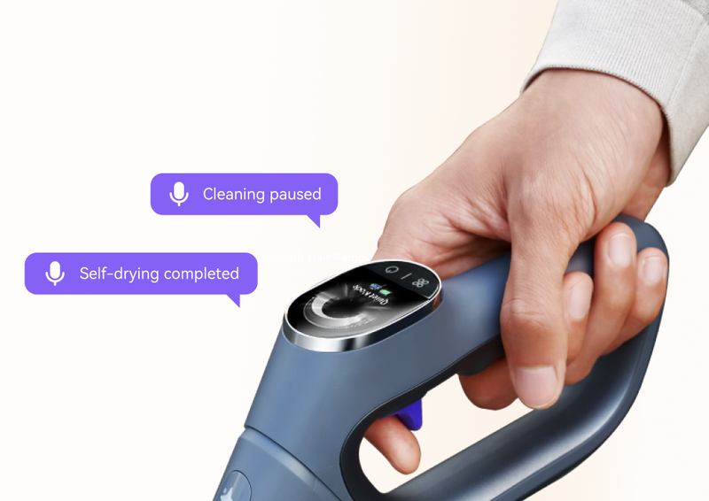 Narwal S20 Pro cordless vacuum mop handle with voice alerts for self-drying completion and cleaning pause.