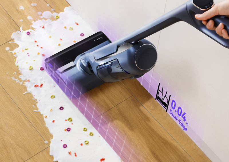 Narwal S20 Pro cordless vacuum mop efficiently cleaning up spilled milk and beads, showcasing its wet and dry cleaning capabilities.