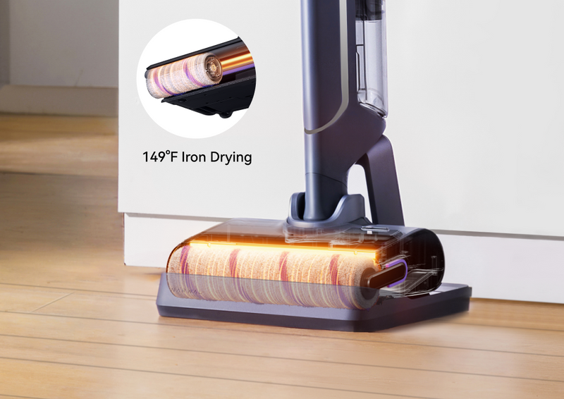Narwal S20 Pro cordless vacuum mop with Iron Drying feature, heating rollers to 149°F for efficient drying.