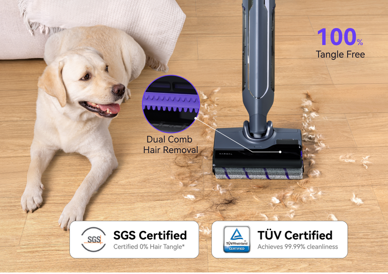 Narwal S20 Pro cordless vacuum mop cleaning pet hair and debris from the floor, with a relaxed dog nearby