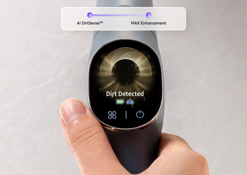Narwal S20 Pro cordless vacuum mop display showing dirt detection and battery status for efficient cleaning.