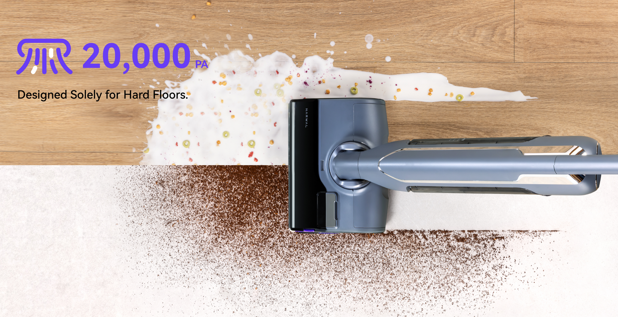 Narwal S20 Pro Vacuum Mop with 20,000Pa suction power, designed for cleaning hard floors. It effectively picks up both wet and dry messes in one pass.