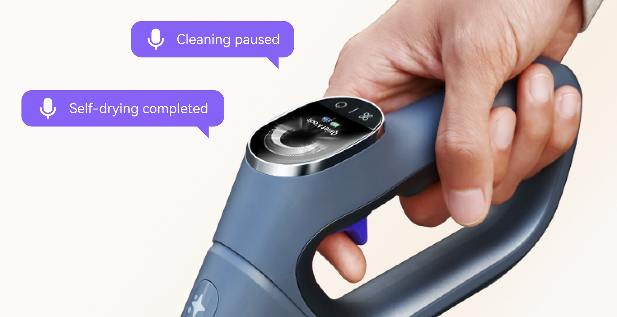 Narwal S20 Pro Vacuum Mop handle showing screen with status messages: 'Cleaning paused' and 'Self-drying completed' in purple speech bubbles.
