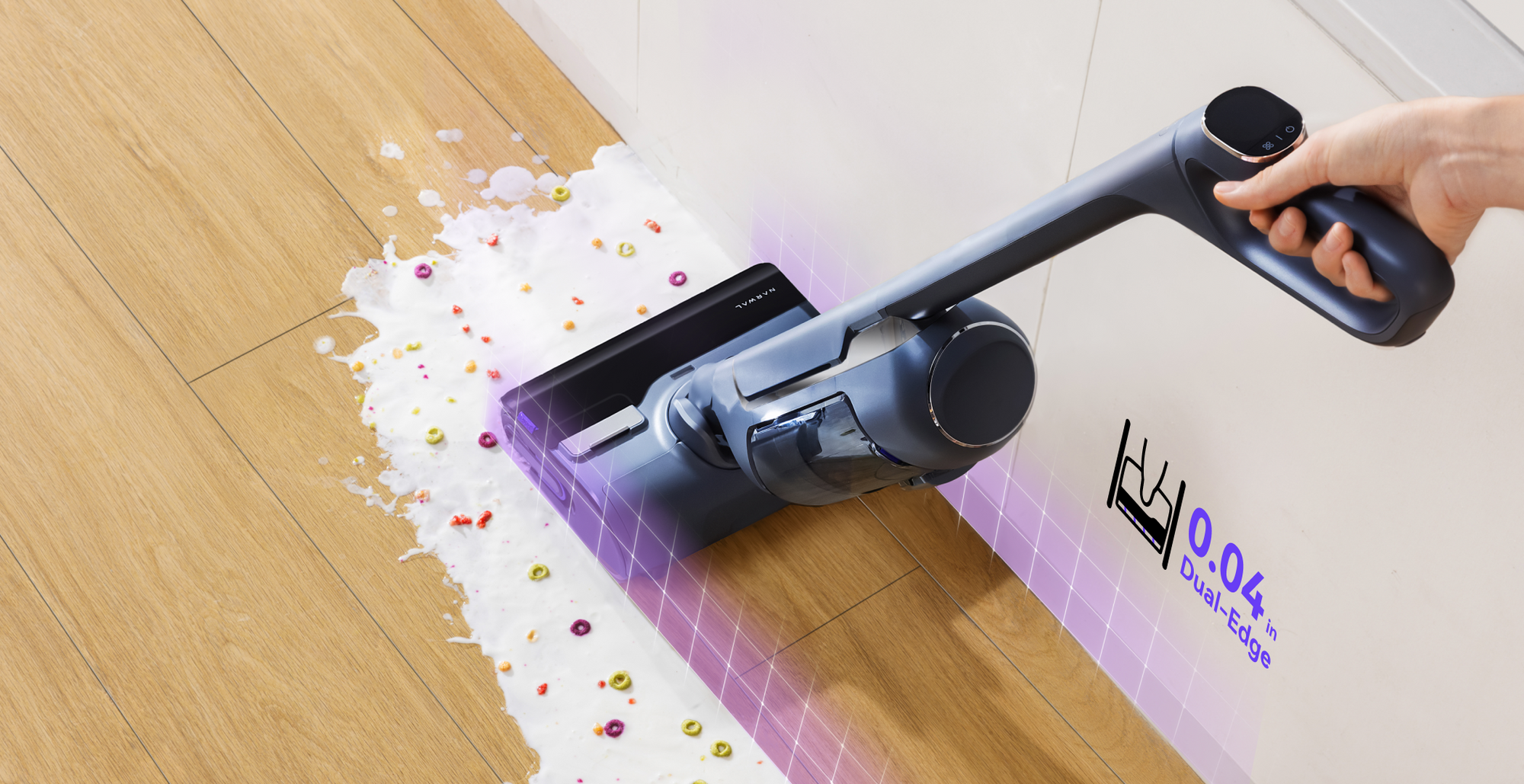 Narwal S20 Pro Vacuum Mop cleaning spilled milk and cereal with dual-edge design, capable of picking up messes as close as 0.04 inches to the wall.