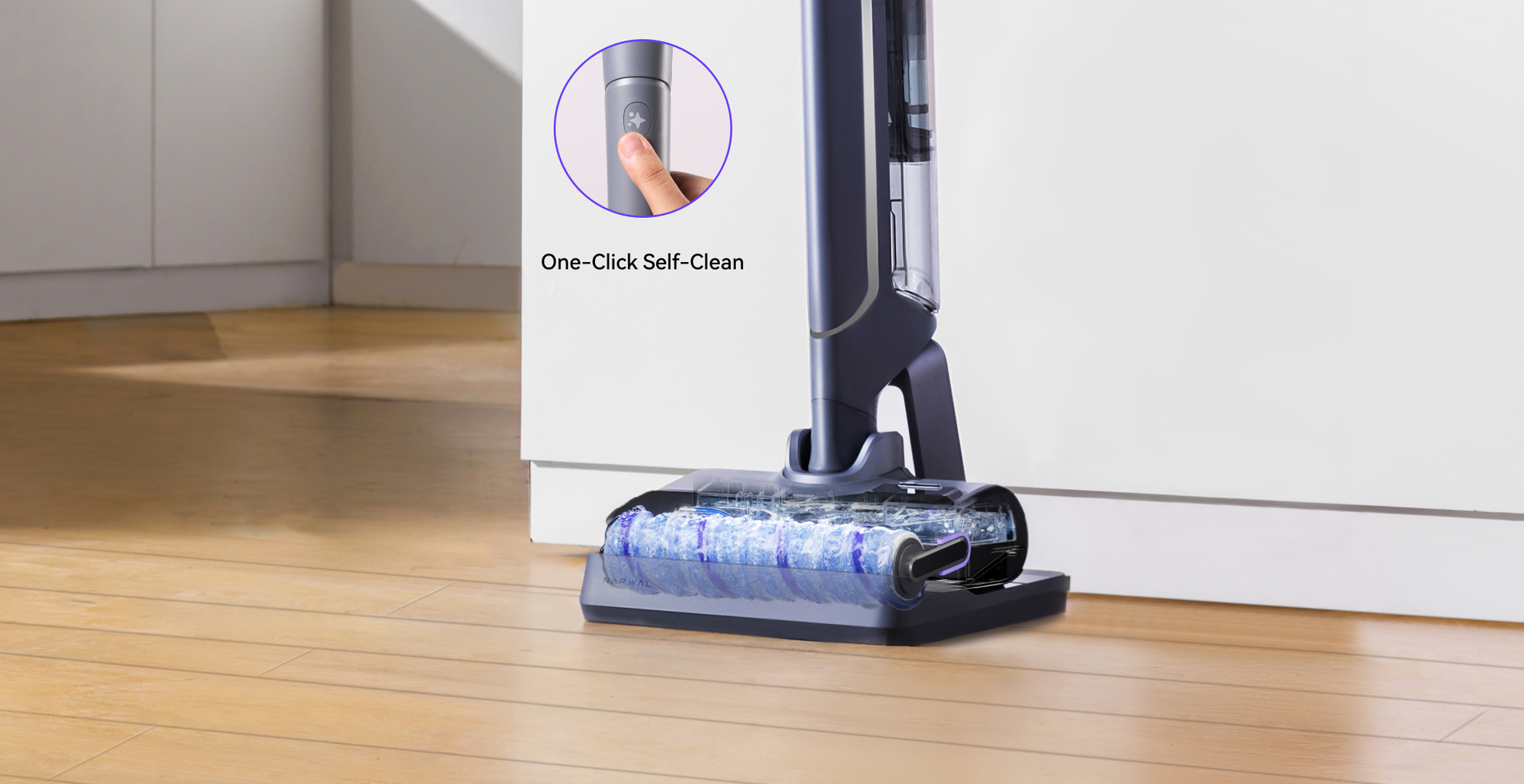 Narwal S20 Pro Vacuum Mop with a close-up of the handle showing the 'One-Click Self-Clean' button being pressed, while the mop head is visibly clean.