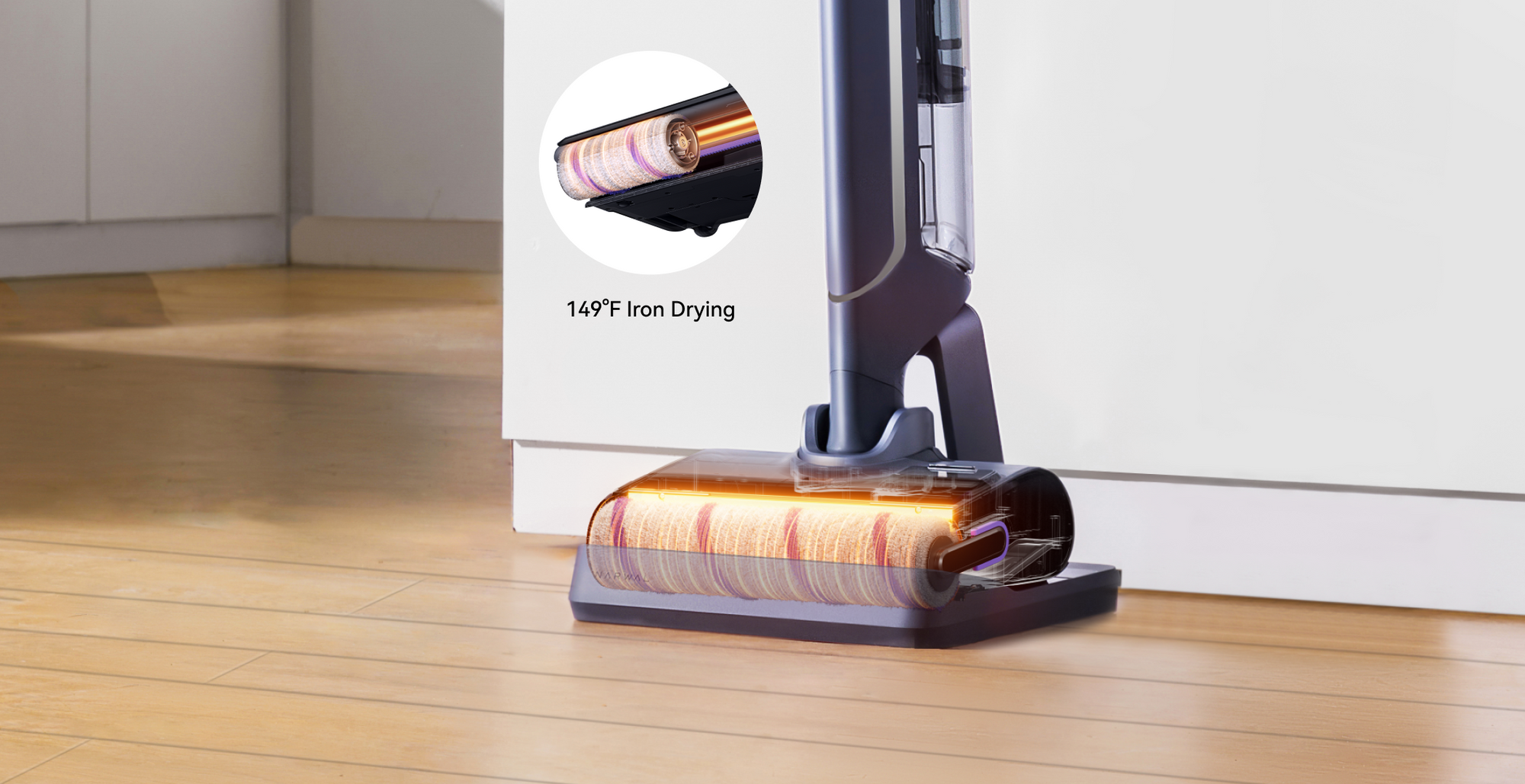 Narwal S20 Pro Vacuum Mop showing the mop head with a glowing, heated roller, indicating the 149°F Iron Drying feature.