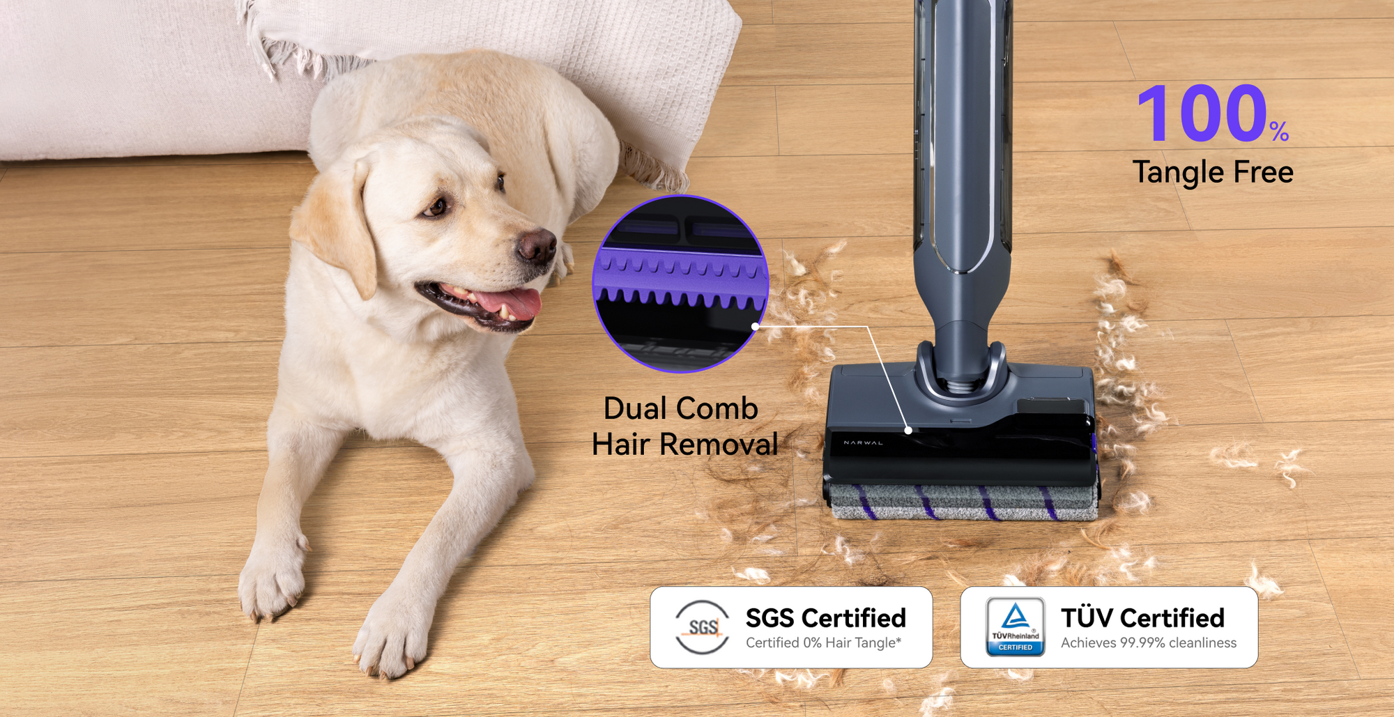 Narwal S20 Pro Vacuum Mop with dual comb hair removal system, ensuring 100% tangle-free cleaning. SGS and TÜV certified for hair tangles and cleanliness.