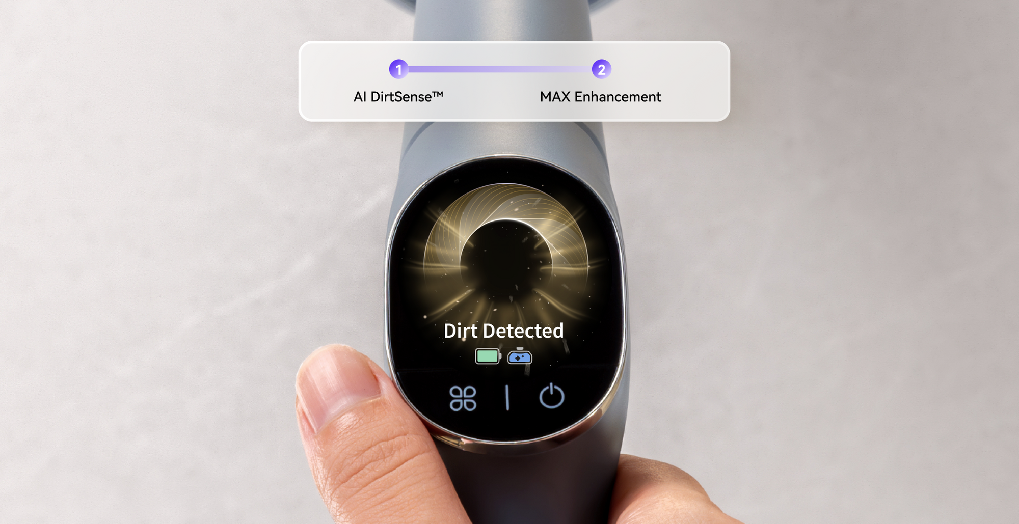 Close-up of the Narwal S20 Pro Vacuum Mop's screen displaying dirt detection and AI DirtSense™ with MAX enhancement in use.