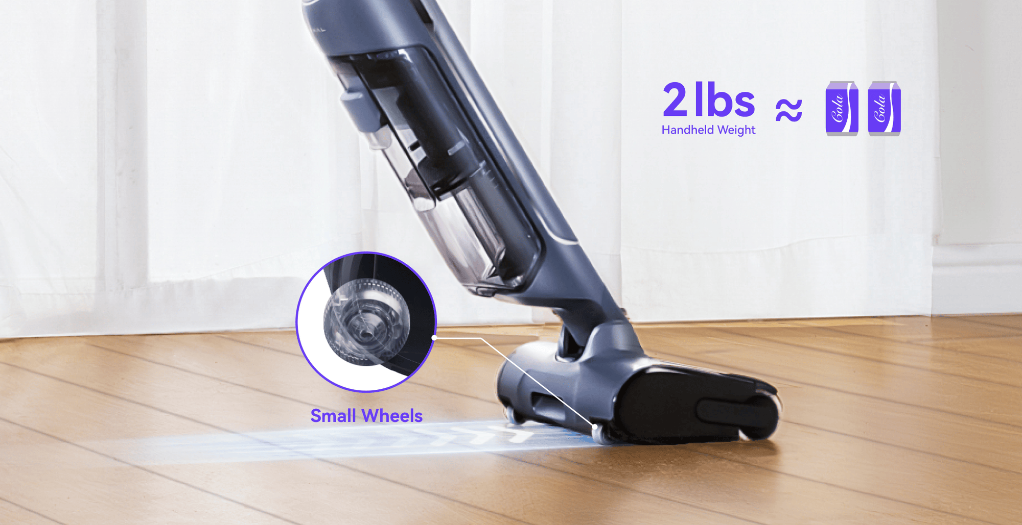 Narwal S20 Pro Vacuum Mop showing its auto traction wheels with a weight comparison of 2 lbs, roughly equivalent to two cans of soda.
